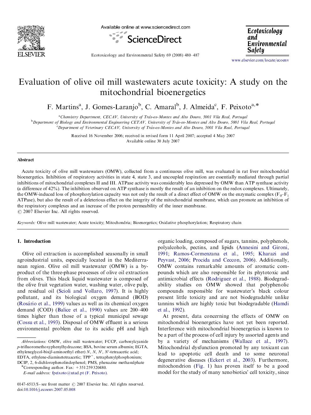 Evaluation of olive oil mill wastewaters acute toxicity: A study on the mitochondrial bioenergetics