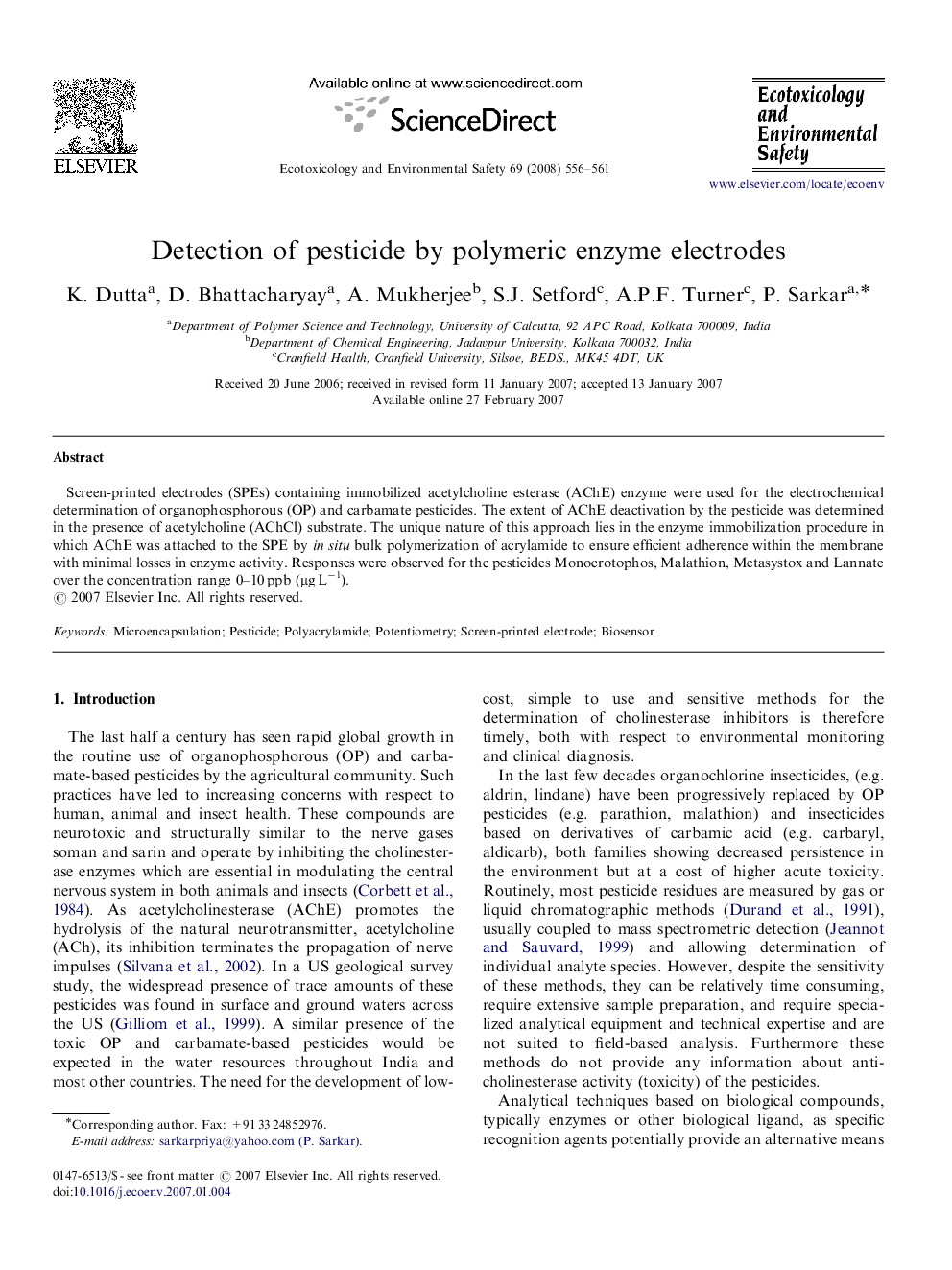 Detection of pesticide by polymeric enzyme electrodes