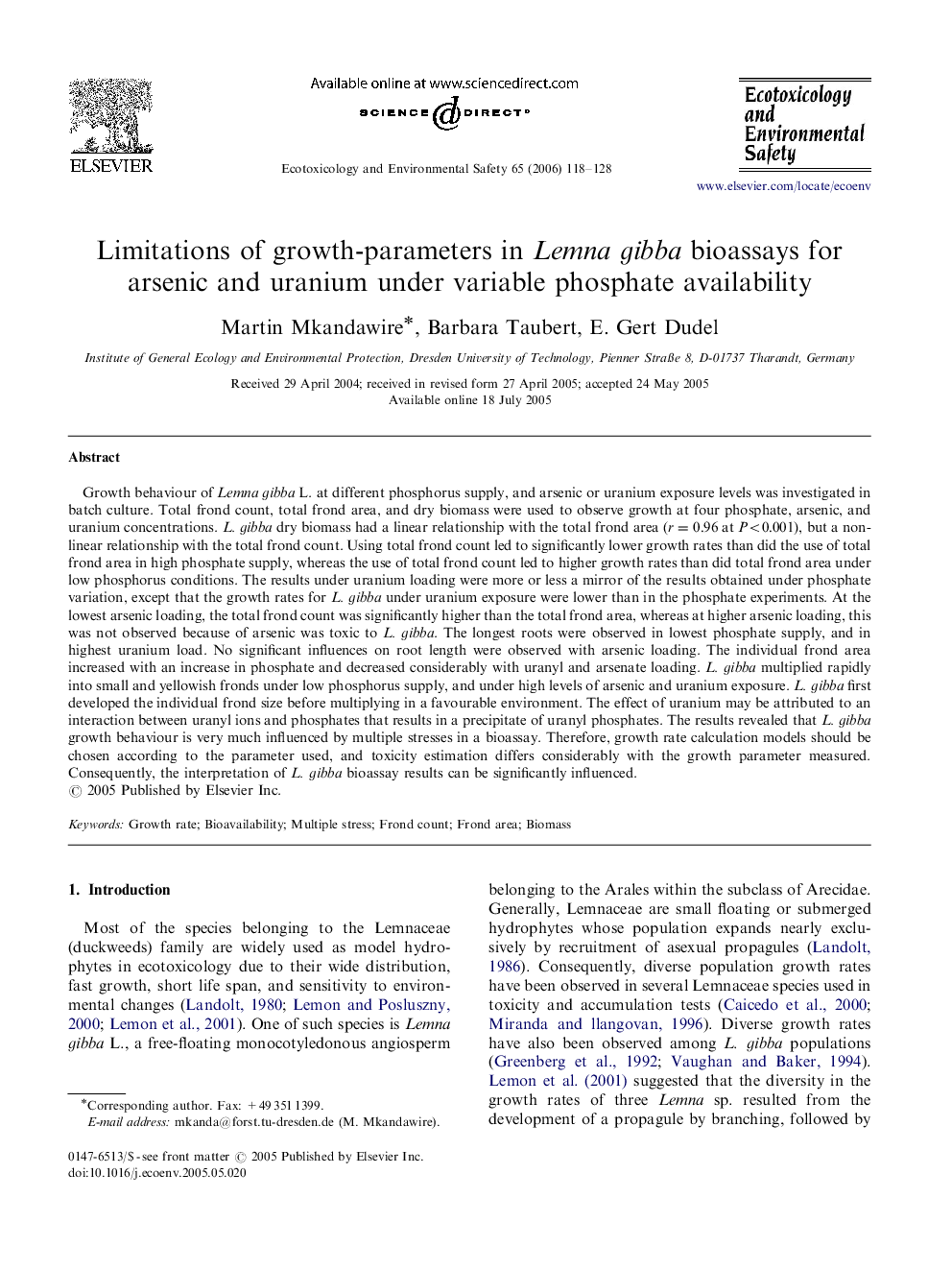 Limitations of growth-parameters in Lemna gibba bioassays for arsenic and uranium under variable phosphate availability