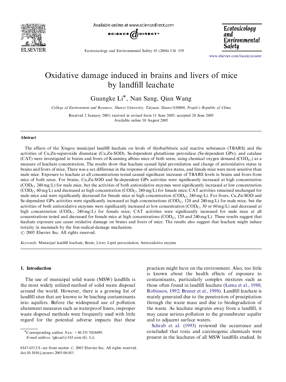 Oxidative damage induced in brains and livers of mice by landfill leachate