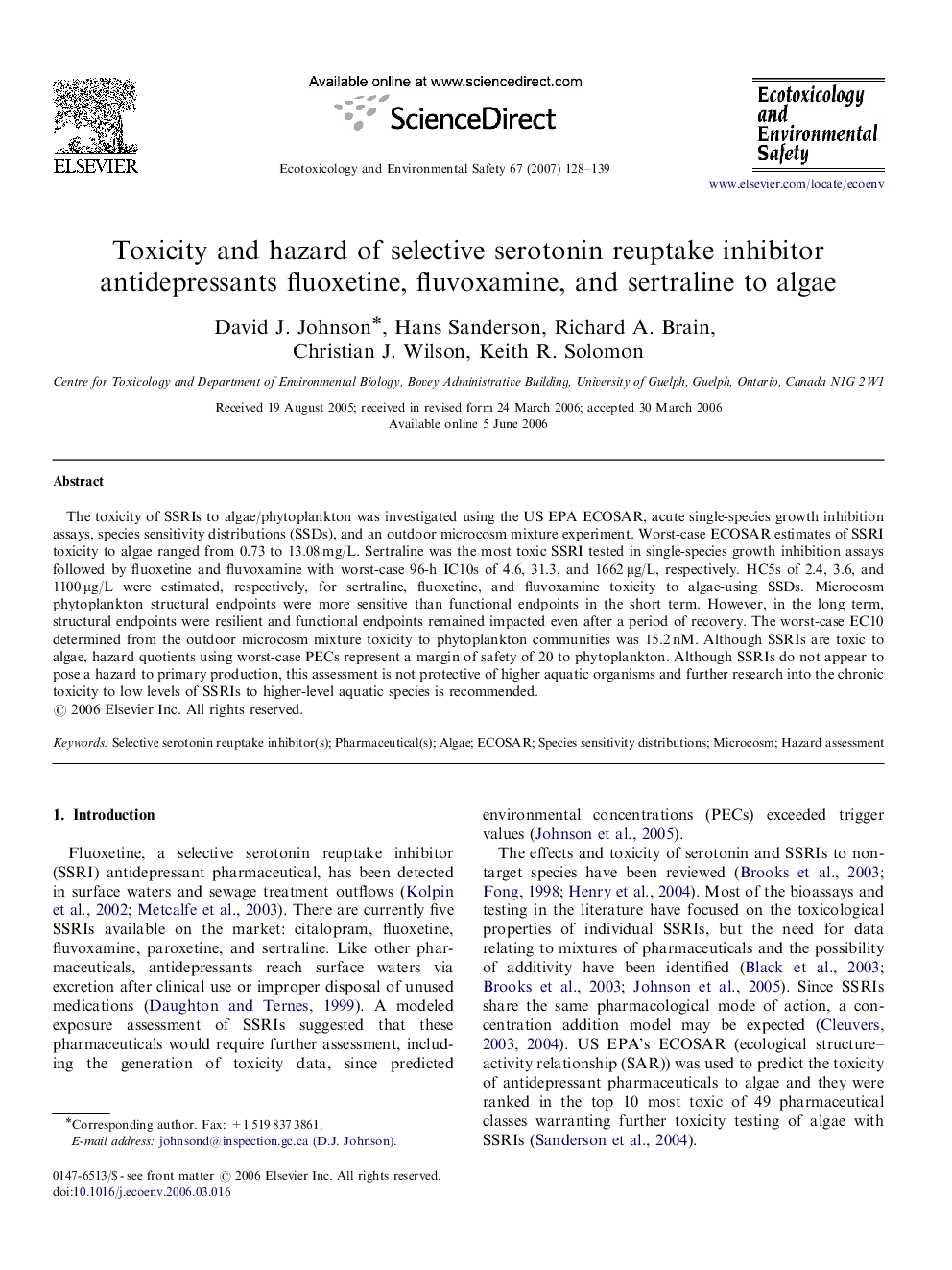 Toxicity and hazard of selective serotonin reuptake inhibitor antidepressants fluoxetine, fluvoxamine, and sertraline to algae