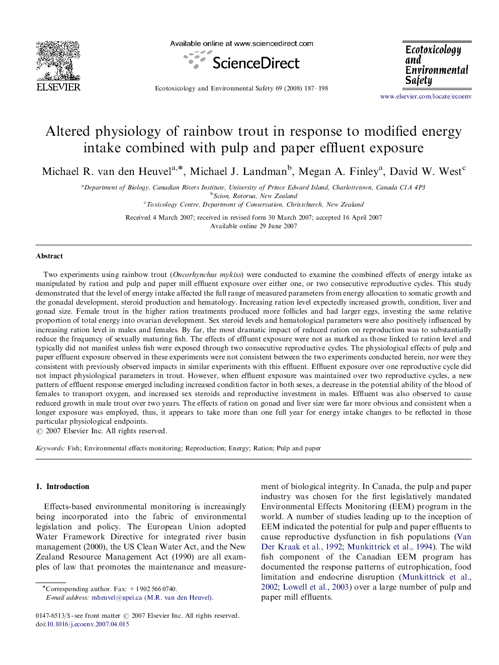 Altered physiology of rainbow trout in response to modified energy intake combined with pulp and paper effluent exposure