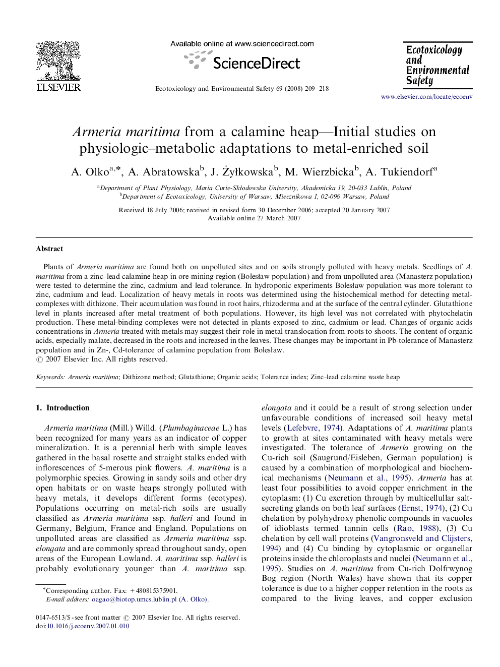 Armeria maritima from a calamine heap—Initial studies on physiologic–metabolic adaptations to metal-enriched soil