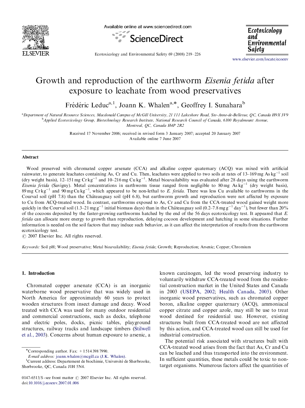 Growth and reproduction of the earthworm Eisenia fetida after exposure to leachate from wood preservatives