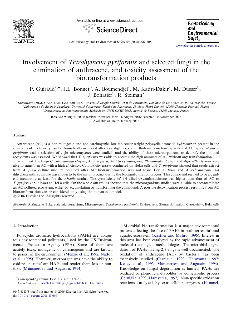 Involvement of Tetrahymena pyriformis and selected fungi in the elimination of anthracene, and toxicity assessment of the biotransformation products