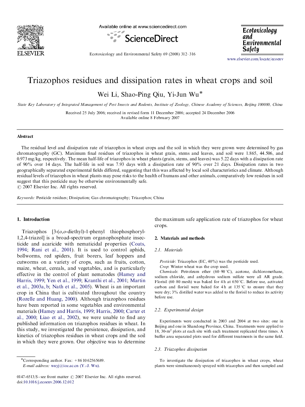 Triazophos residues and dissipation rates in wheat crops and soil