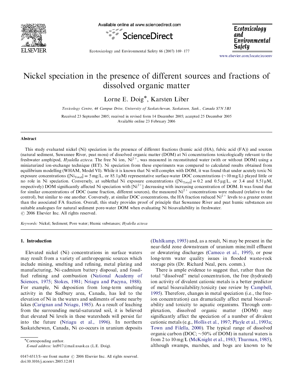 Nickel speciation in the presence of different sources and fractions of dissolved organic matter