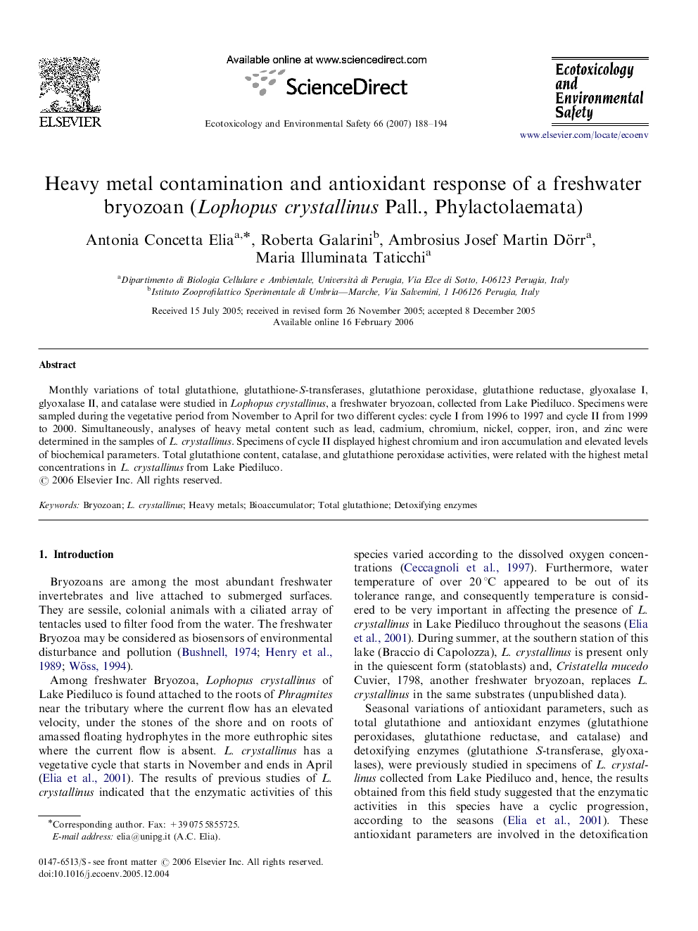 Heavy metal contamination and antioxidant response of a freshwater bryozoan (Lophopus crystallinus Pall., Phylactolaemata)