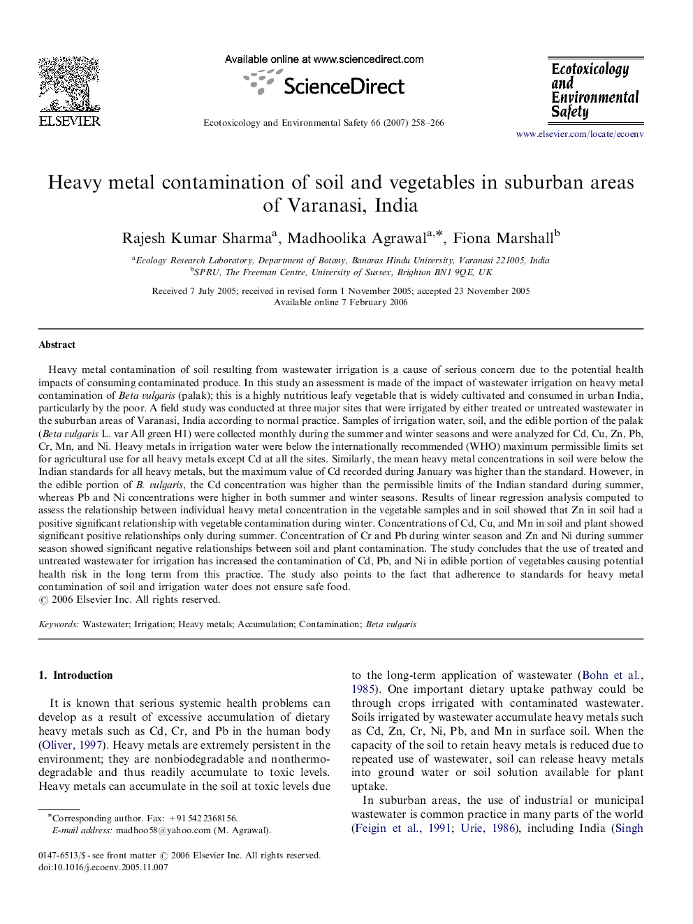 Heavy metal contamination of soil and vegetables in suburban areas of Varanasi, India