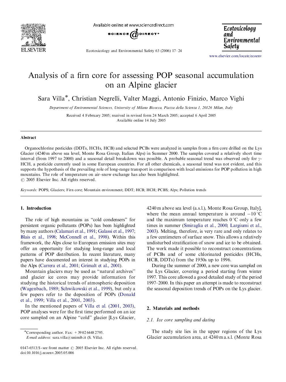 Analysis of a firn core for assessing POP seasonal accumulation on an Alpine glacier