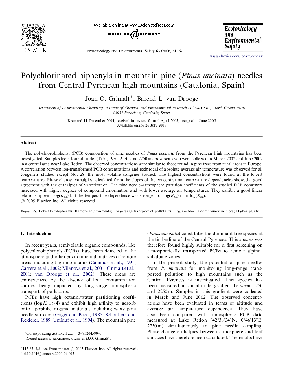 Polychlorinated biphenyls in mountain pine (Pinus uncinata) needles from Central Pyrenean high mountains (Catalonia, Spain)