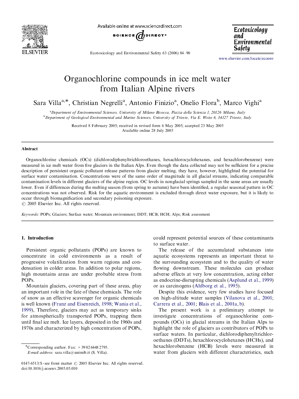 Organochlorine compounds in ice melt water from Italian Alpine rivers