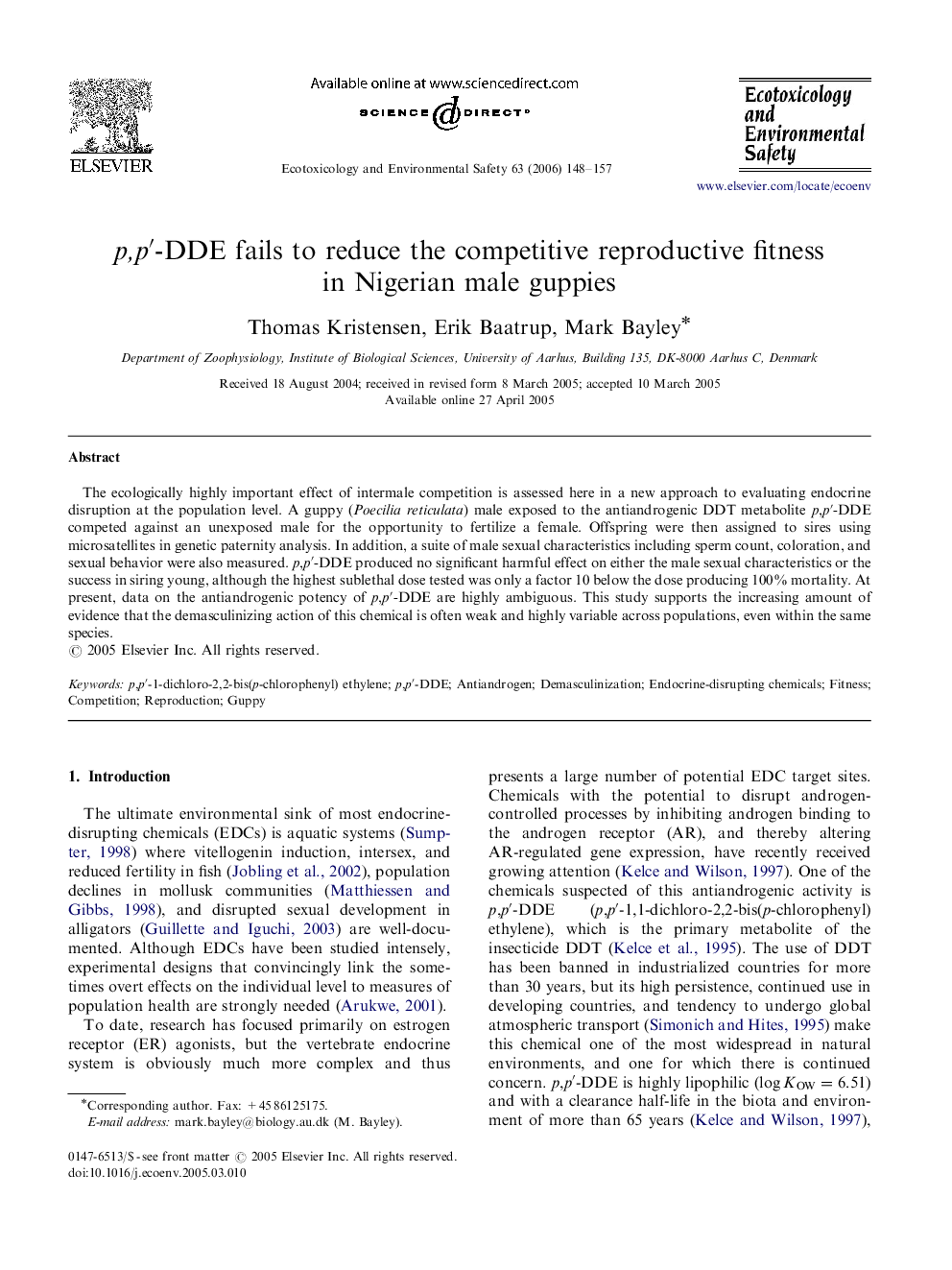 p,p′-DDE fails to reduce the competitive reproductive fitness in Nigerian male guppies