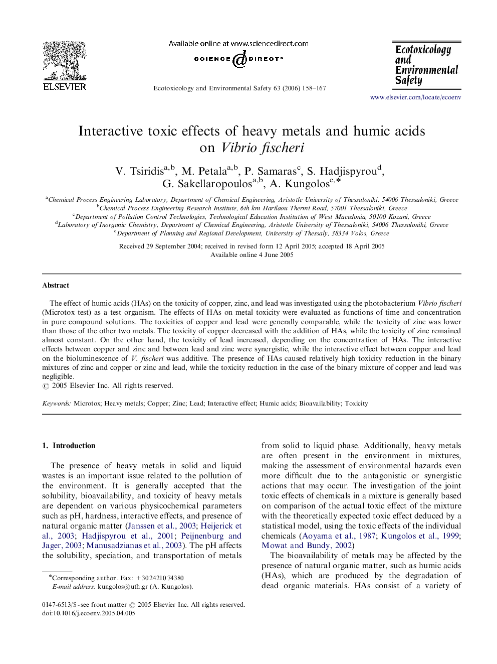 Interactive toxic effects of heavy metals and humic acids on Vibrio fischeri