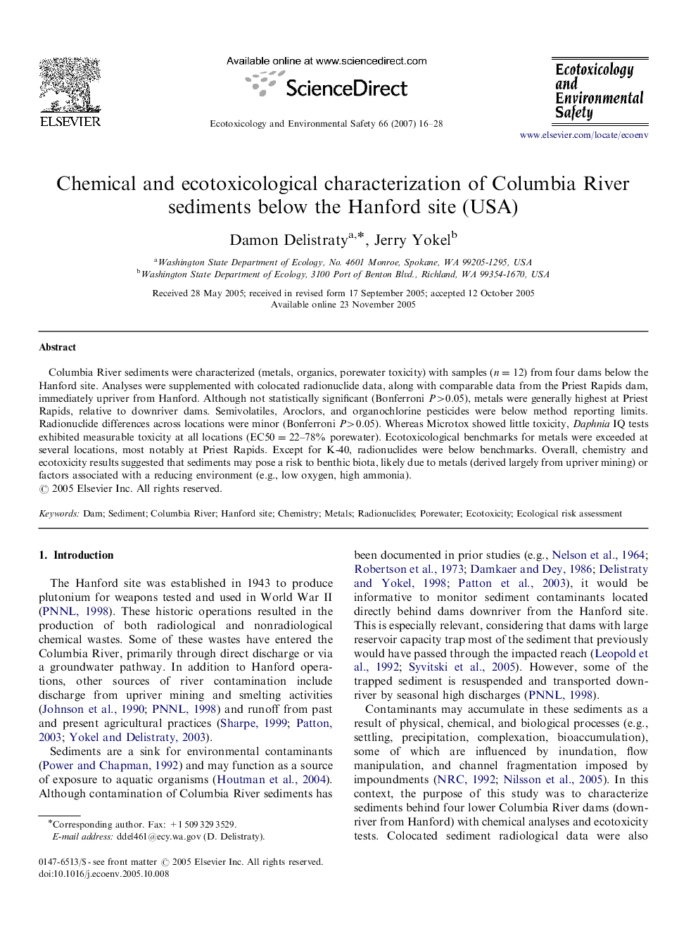 عکس صفحه اول مقاله: Chemical and ecotoxicological characterization of Columbia River sediments below the Hanford site (USA) Chemical and ecotoxicological characterization of Columbia River sediments below the Hanford site (USA)