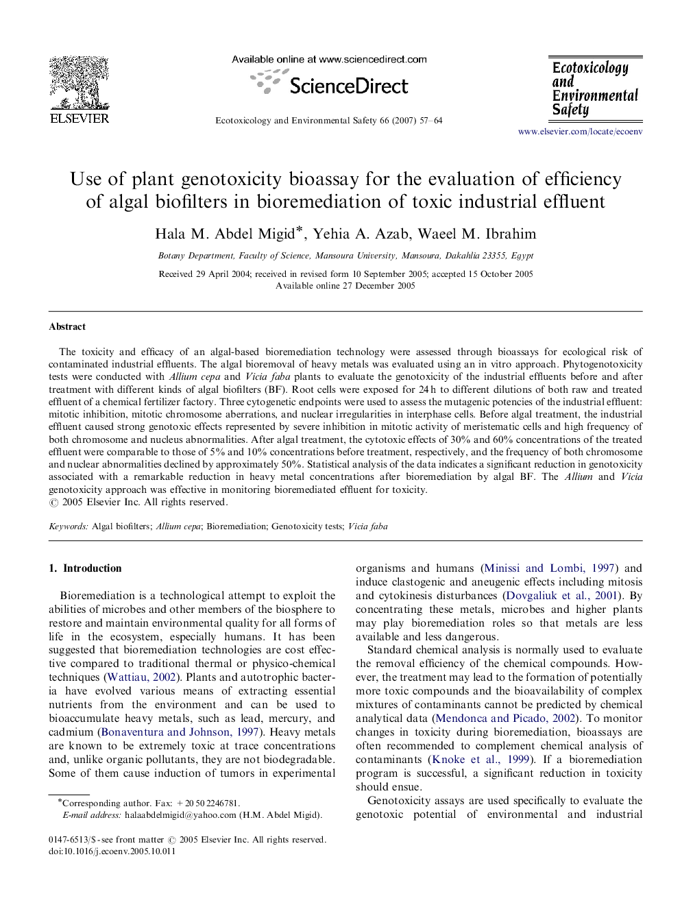 Use of plant genotoxicity bioassay for the evaluation of efficiency of algal biofilters in bioremediation of toxic industrial effluent