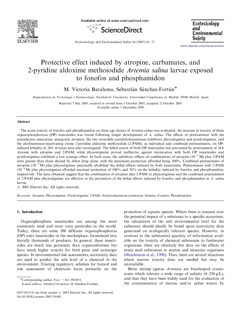 Protective effect induced by atropine, carbamates, and 2-pyridine aldoxime methoiodide Artemia salina larvae exposed to fonofos and phosphamidon