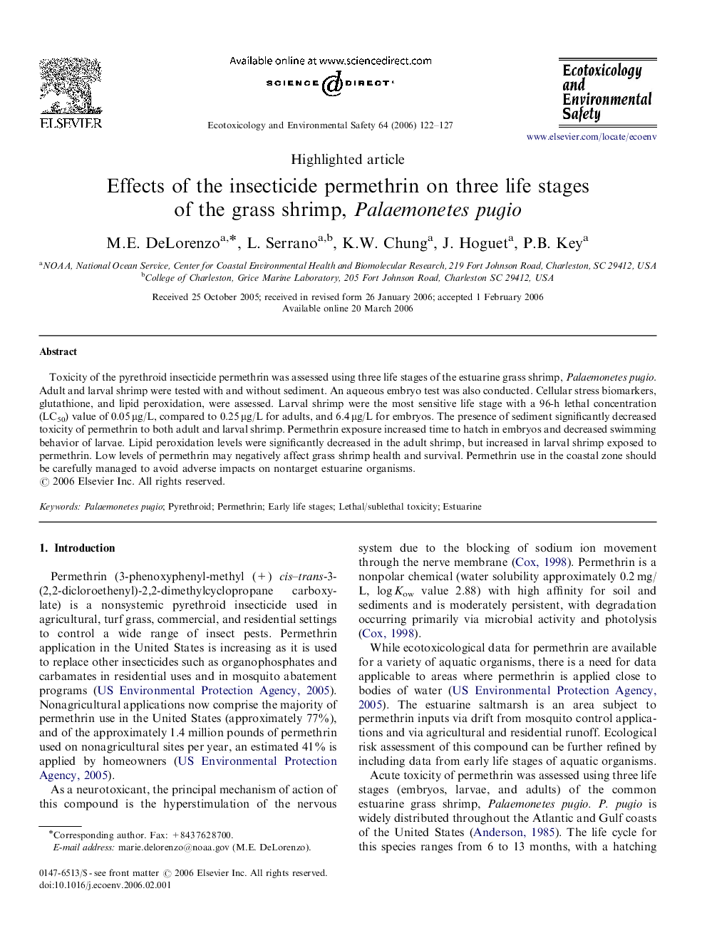 Effects of the insecticide permethrin on three life stages of the grass shrimp, Palaemonetes pugio