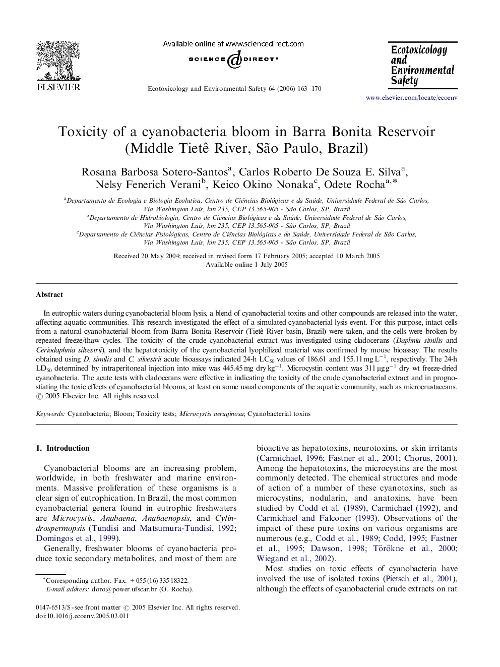 Toxicity of a cyanobacteria bloom in Barra Bonita Reservoir (Middle Tietê River, São Paulo, Brazil)