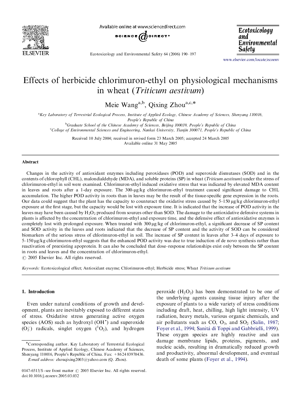 Effects of herbicide chlorimuron-ethyl on physiological mechanisms in wheat (Triticum aestivum)