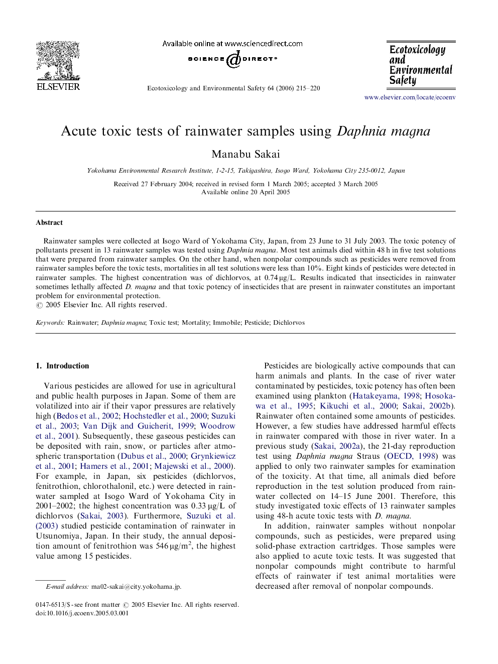 Acute toxic tests of rainwater samples using Daphnia magna