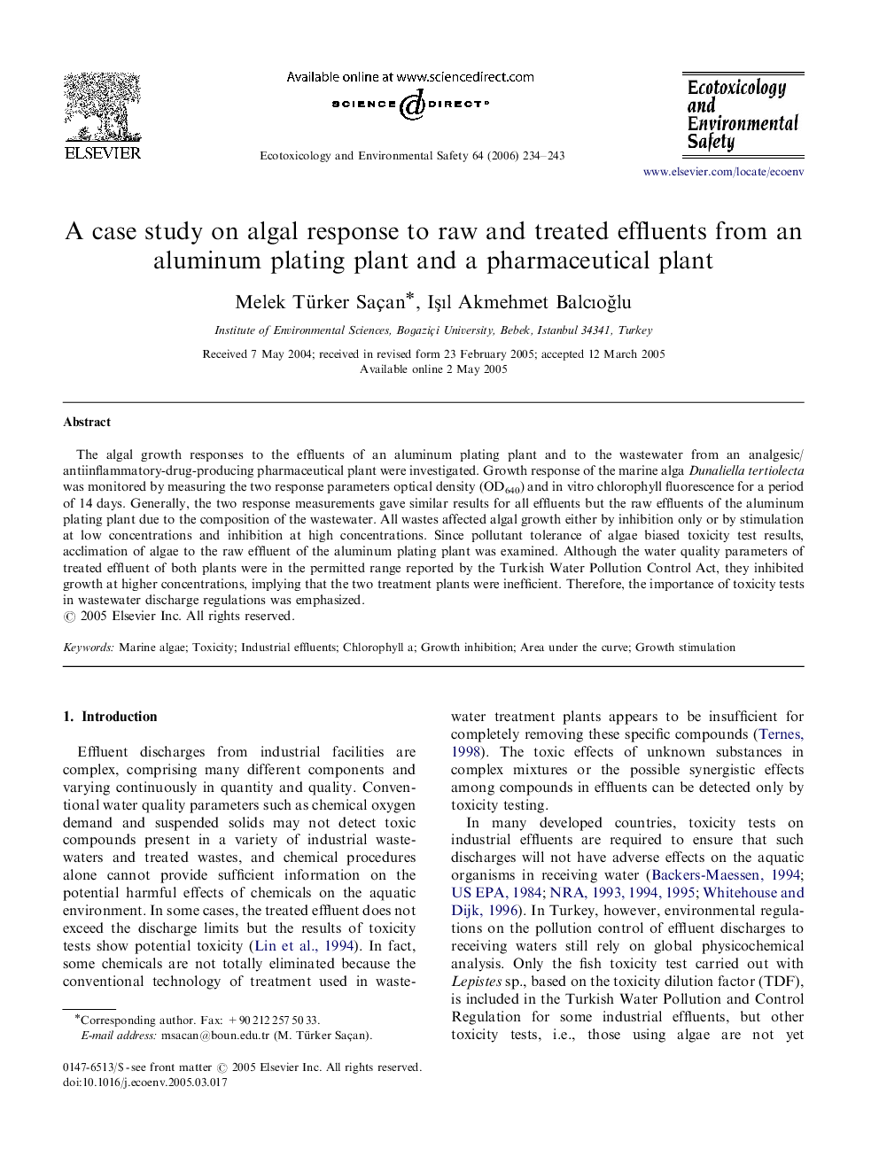 عکس صفحه اول مقاله: A case study on algal response to raw and treated effluents from an aluminum plating plant and a pharmaceutical plant A case study on algal response to raw and treated effluents from an aluminum plating plant and a pharmaceutical plant