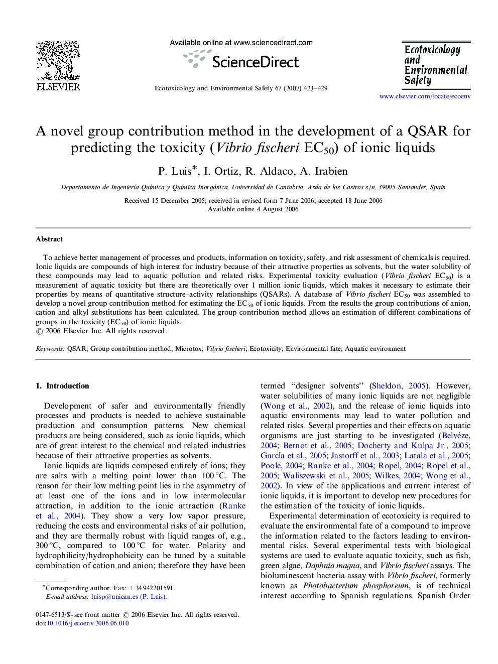 A novel group contribution method in the development of a QSAR for predicting the toxicity (Vibrio fischeri EC50) of ionic liquids