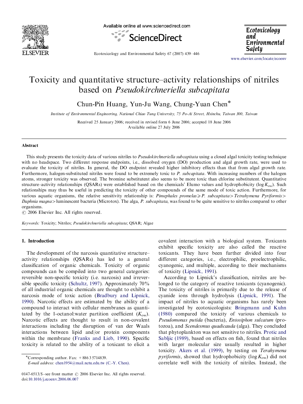 Toxicity and quantitative structure–activity relationships of nitriles based on Pseudokirchneriella subcapitata