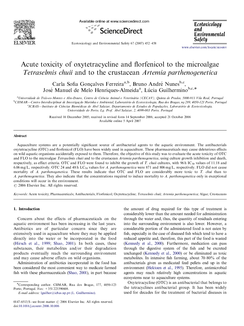 Acute toxicity of oxytetracycline and florfenicol to the microalgae Tetraselmis chuii and to the crustacean Artemia parthenogenetica