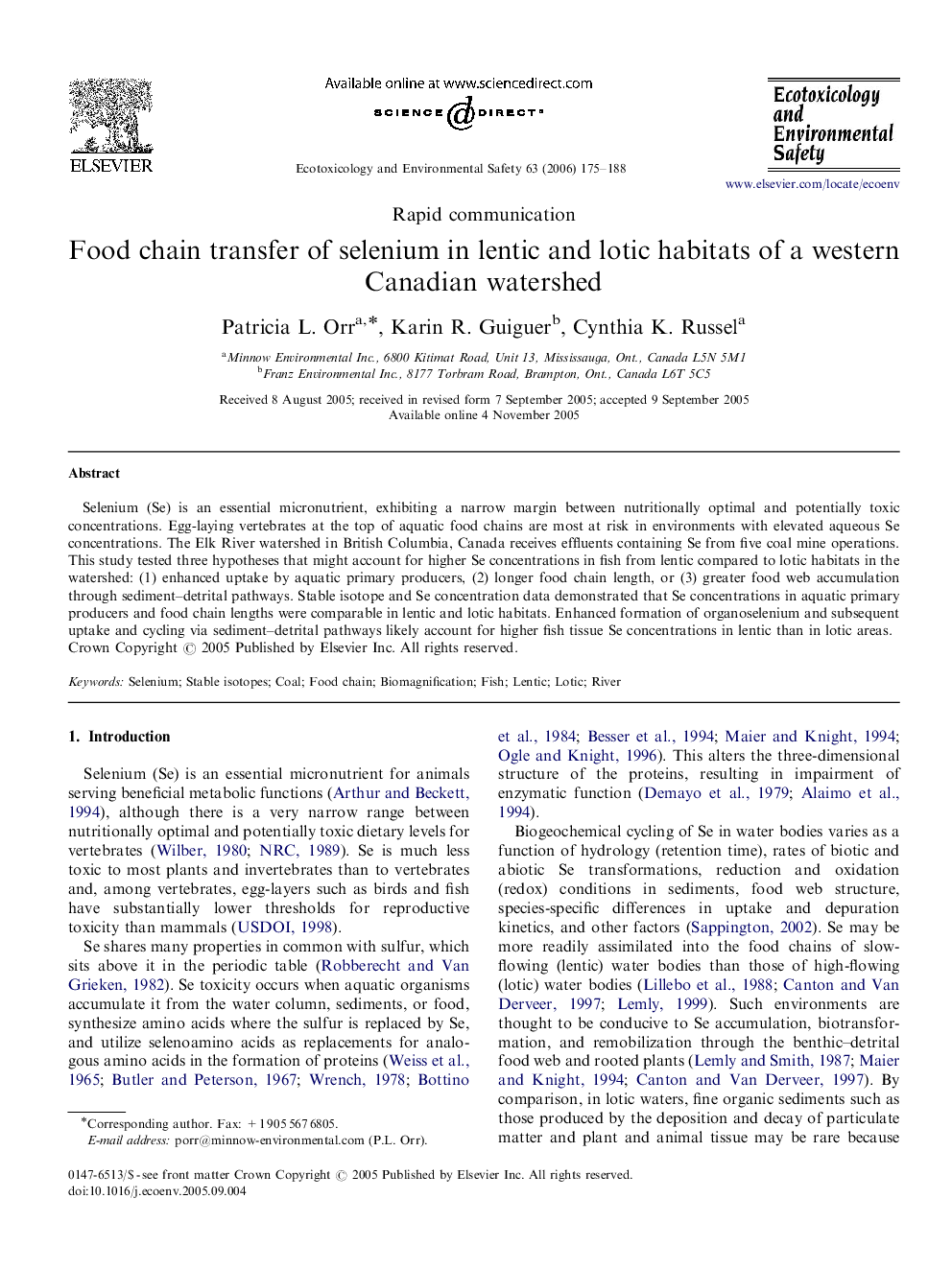 Food chain transfer of selenium in lentic and lotic habitats of a western Canadian watershed