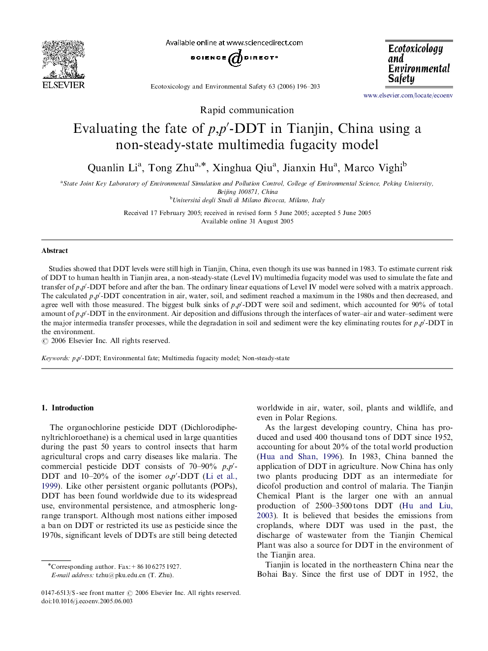 Evaluating the fate of p,p′-DDT in Tianjin, China using a non-steady-state multimedia fugacity model