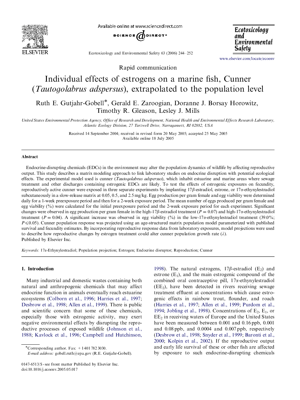 Individual effects of estrogens on a marine fish, Cunner (Tautogolabrus adspersus), extrapolated to the population level