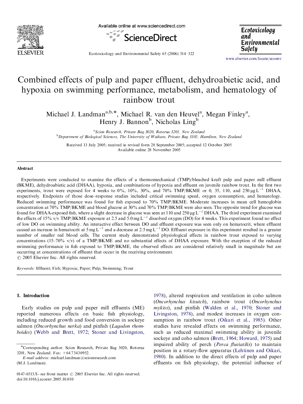 Combined effects of pulp and paper effluent, dehydroabietic acid, and hypoxia on swimming performance, metabolism, and hematology of rainbow trout