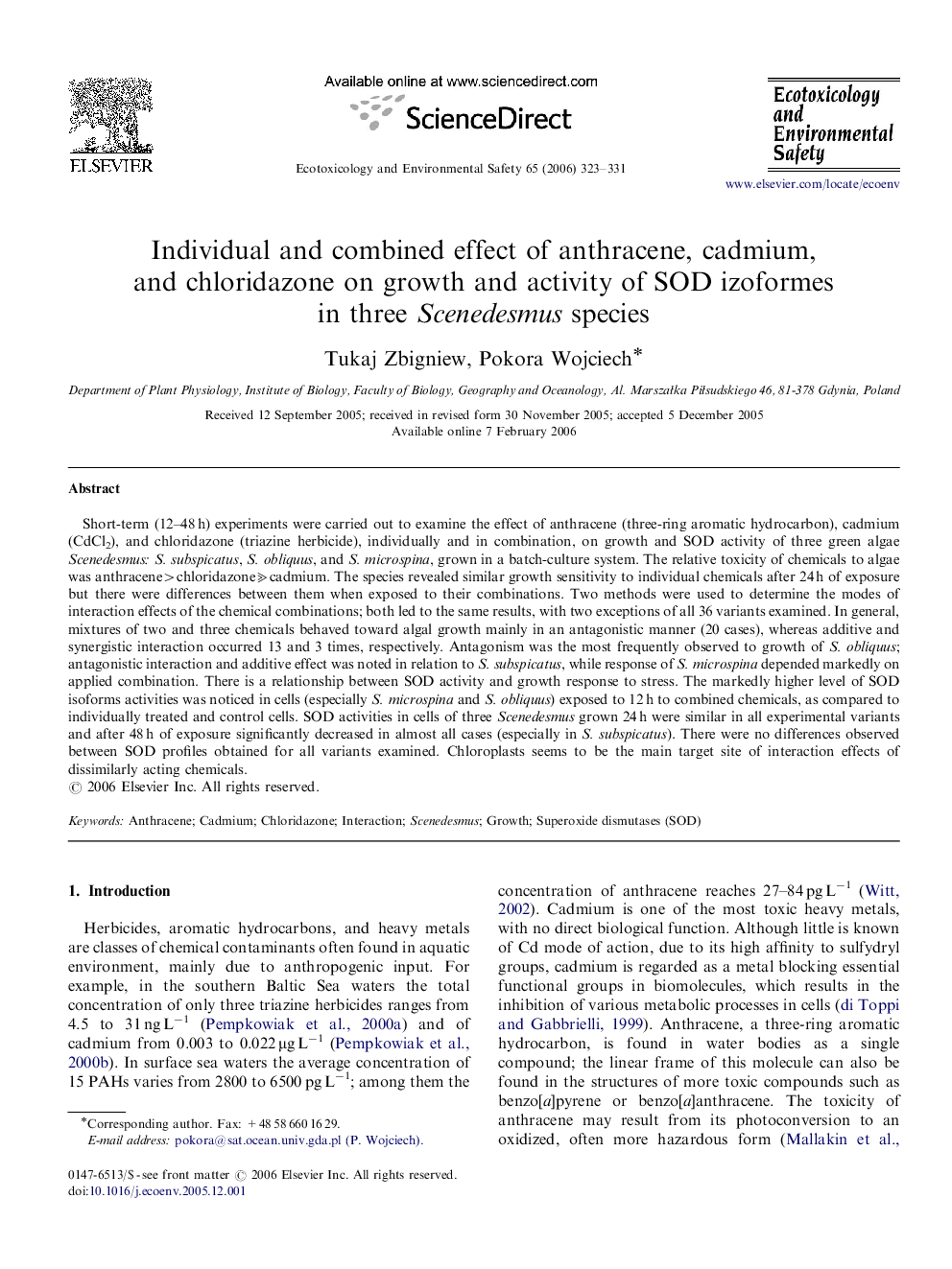 Individual and combined effect of anthracene, cadmium, and chloridazone on growth and activity of SOD izoformes in three Scenedesmus species