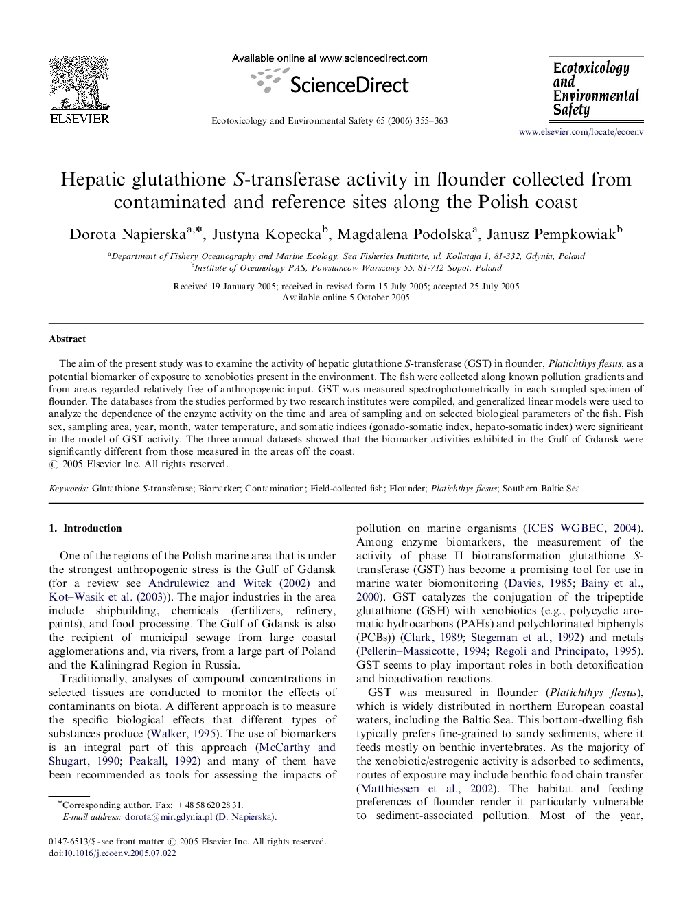 Hepatic glutathione S-transferase activity in flounder collected from contaminated and reference sites along the Polish coast