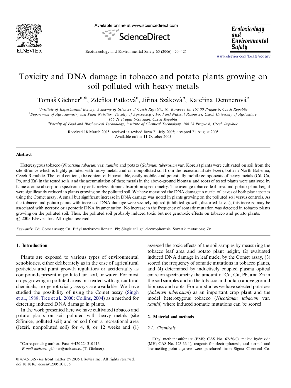 Toxicity and DNA damage in tobacco and potato plants growing on soil polluted with heavy metals