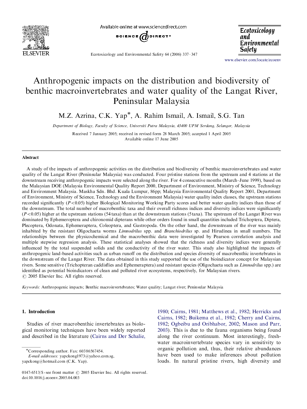 Anthropogenic impacts on the distribution and biodiversity of benthic macroinvertebrates and water quality of the Langat River, Peninsular Malaysia