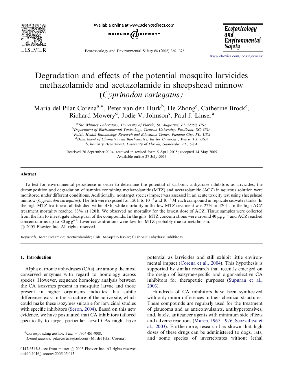 Degradation and effects of the potential mosquito larvicides methazolamide and acetazolamide in sheepshead minnow (Cyprinodon variegatus)