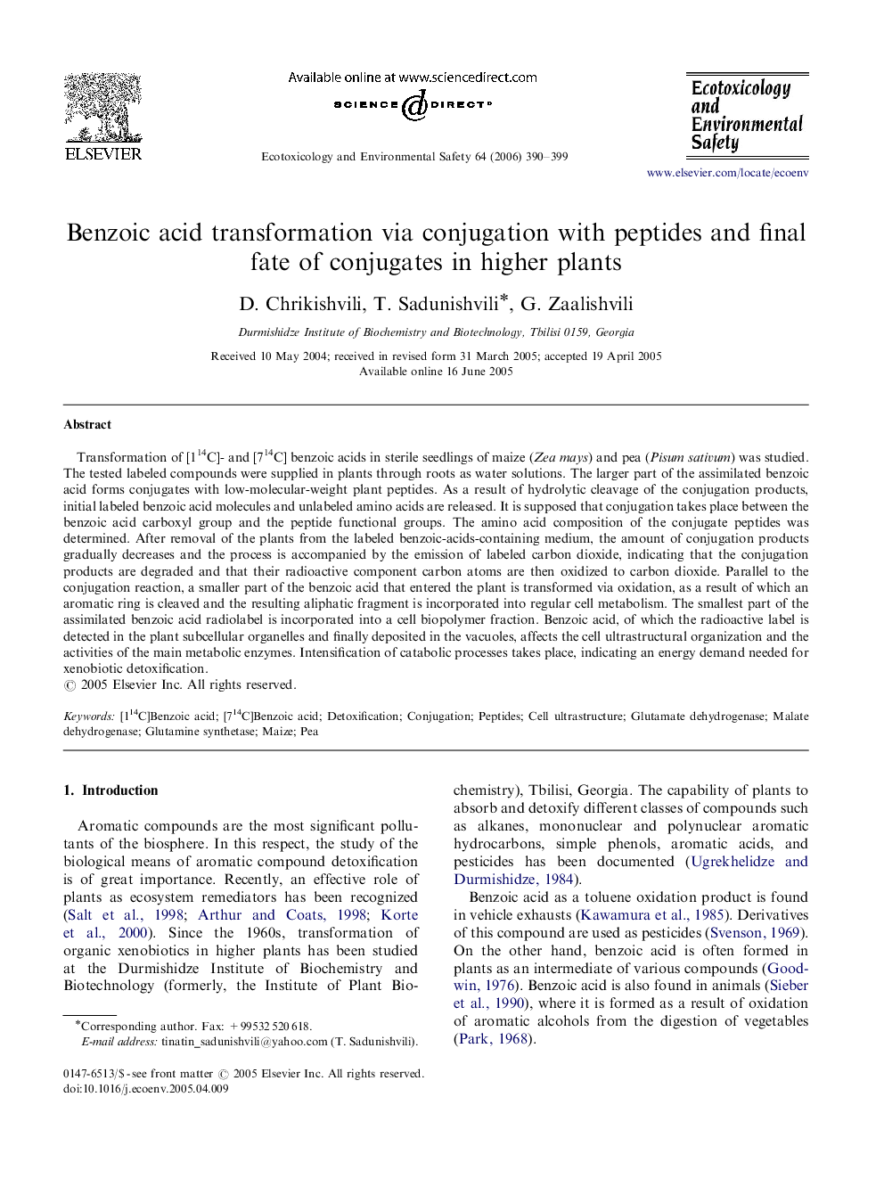 Benzoic acid transformation via conjugation with peptides and final fate of conjugates in higher plants