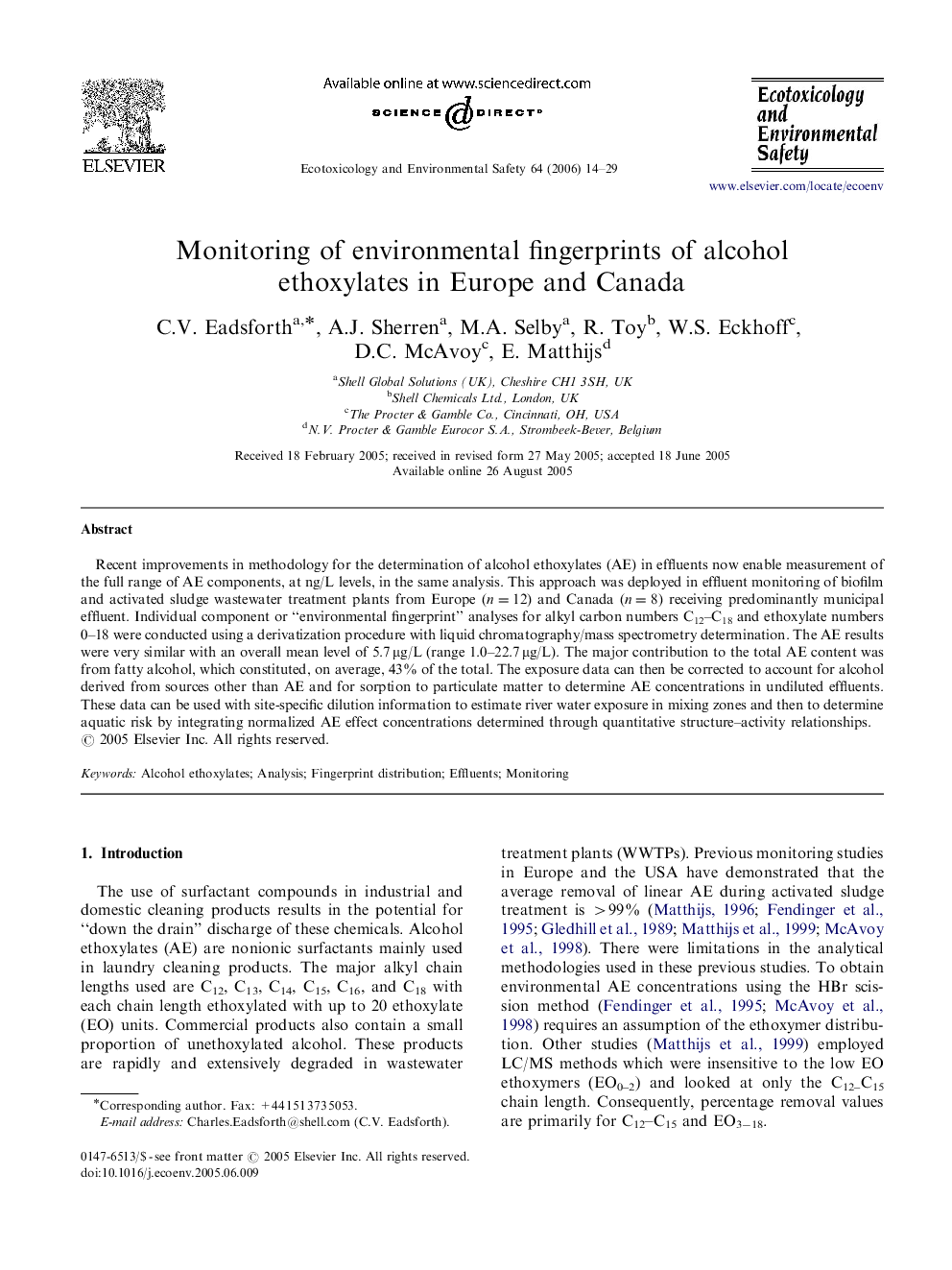 Monitoring of environmental fingerprints of alcohol ethoxylates in Europe and Canada