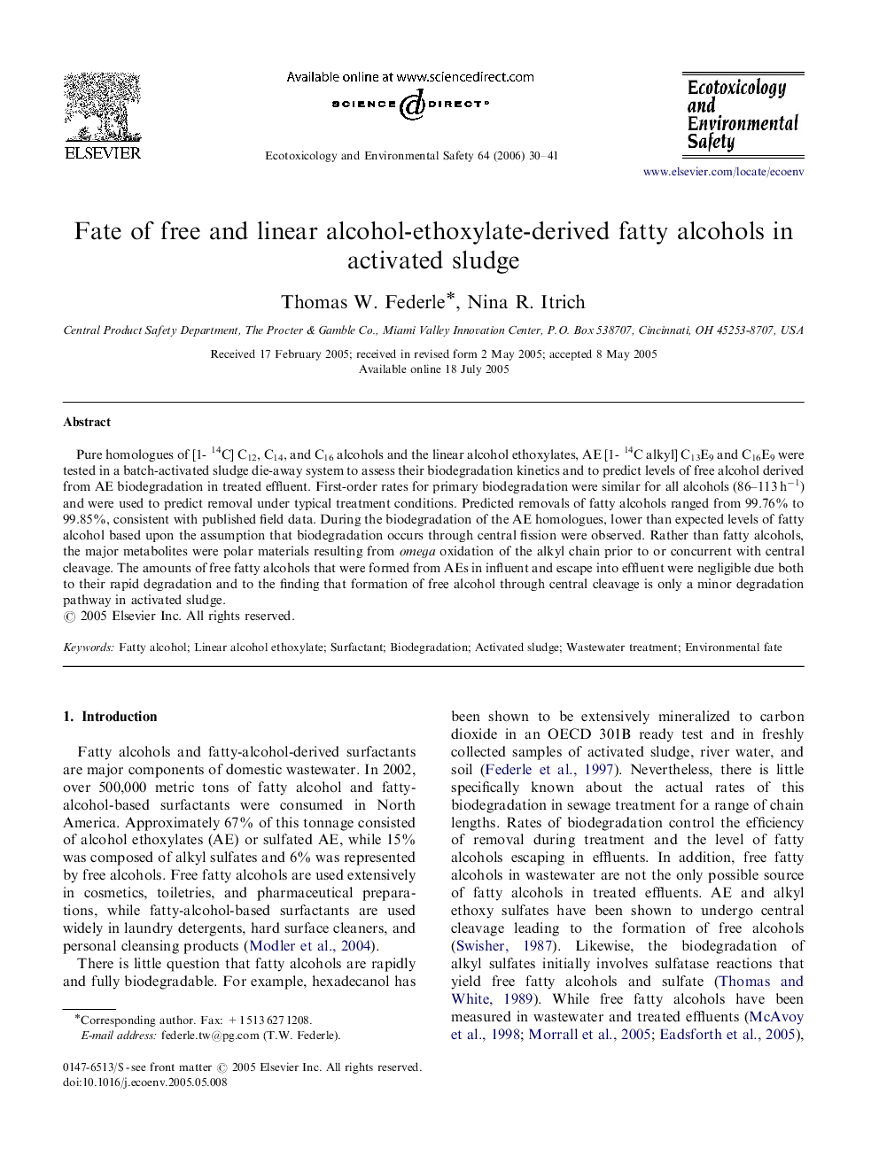 Fate of free and linear alcohol-ethoxylate-derived fatty alcohols in activated sludge