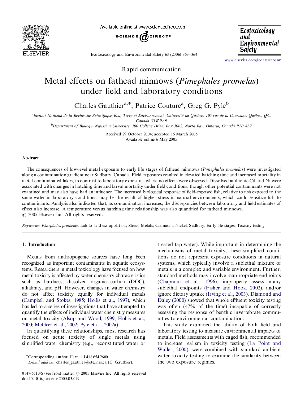 Metal effects on fathead minnows (Pimephales promelas) under field and laboratory conditions