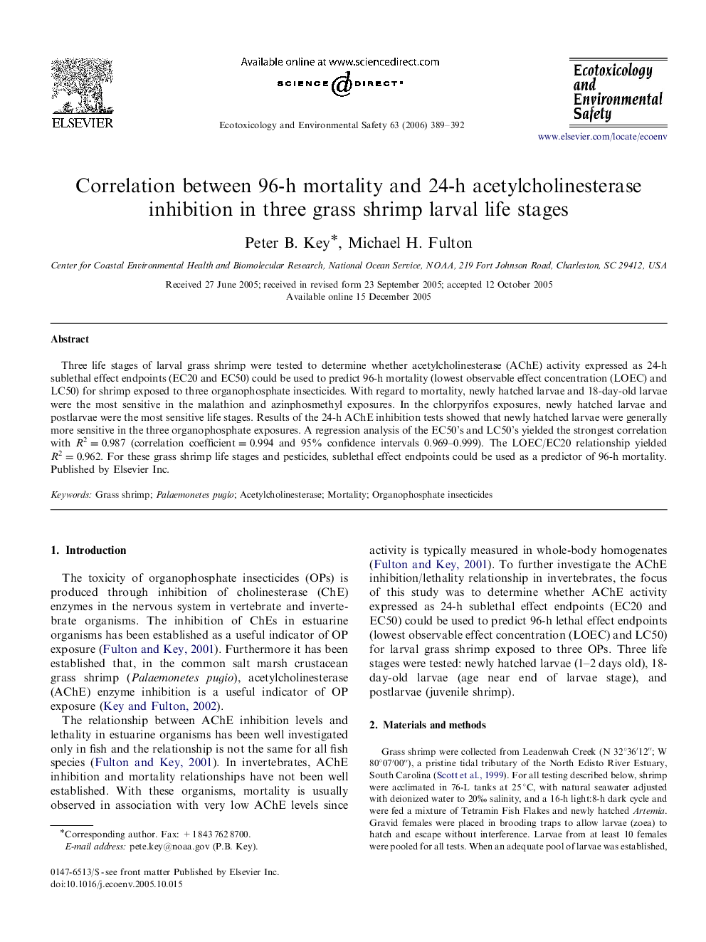 Correlation between 96-h mortality and 24-h acetylcholinesterase inhibition in three grass shrimp larval life stages