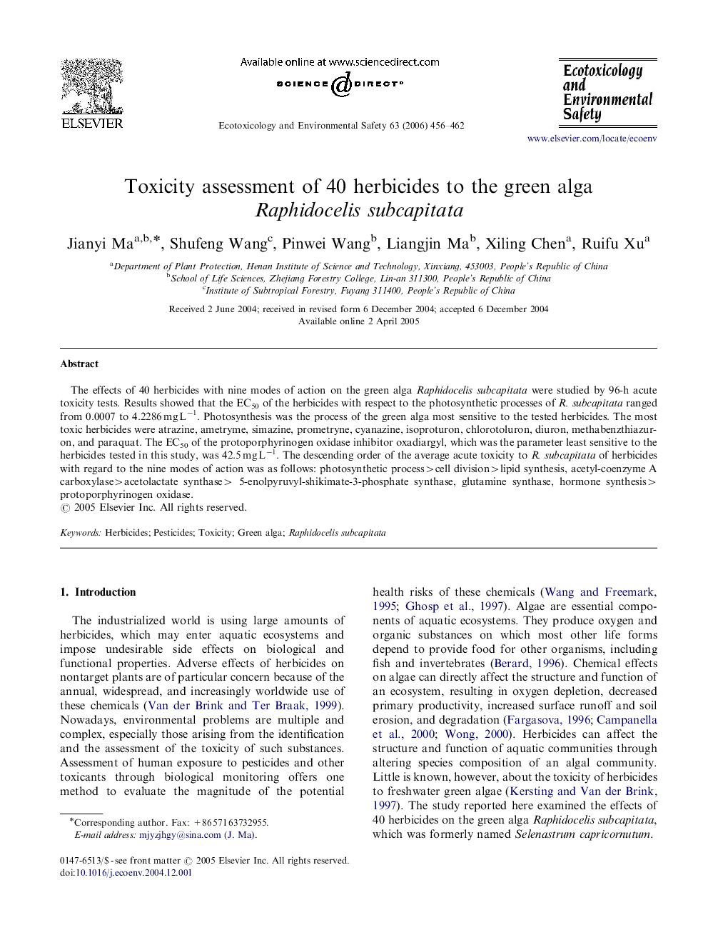 Toxicity assessment of 40 herbicides to the green alga Raphidocelis subcapitata