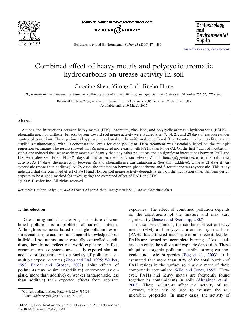 Combined effect of heavy metals and polycyclic aromatic hydrocarbons on urease activity in soil