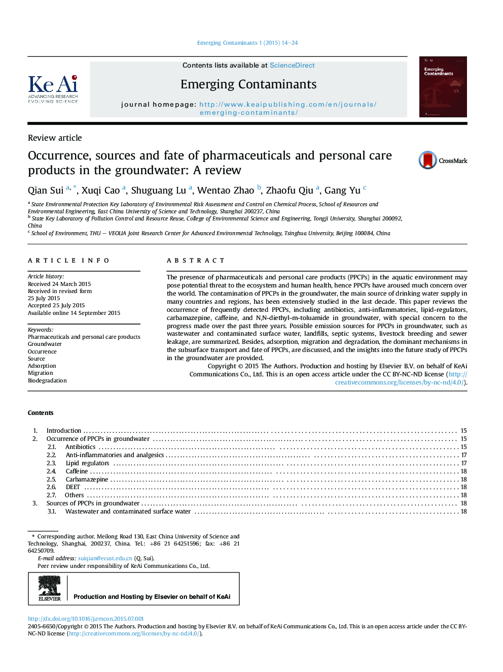 Occurrence, sources and fate of pharmaceuticals and personal care products in the groundwater: A review 
