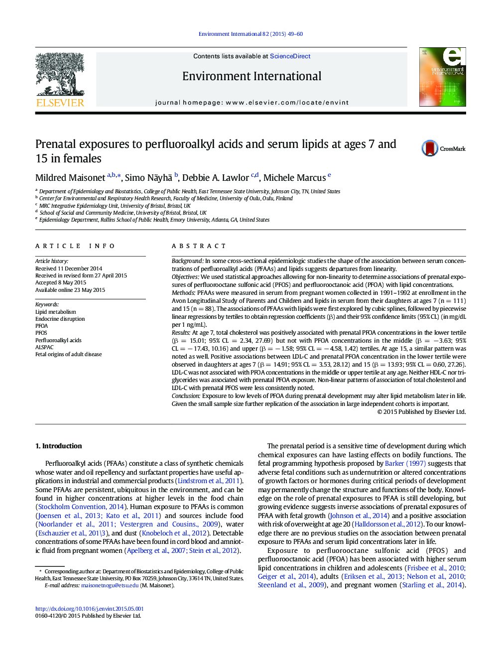 Prenatal exposures to perfluoroalkyl acids and serum lipids at ages 7 and 15 in females