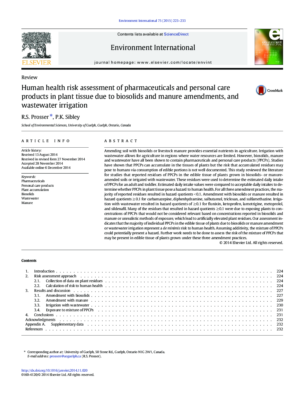 Human health risk assessment of pharmaceuticals and personal care products in plant tissue due to biosolids and manure amendments, and wastewater irrigation