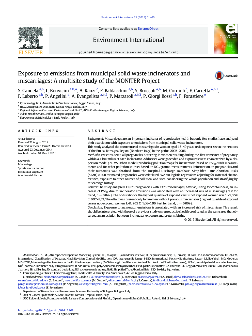 Exposure to emissions from municipal solid waste incinerators and miscarriages: A multisite study of the MONITER Project