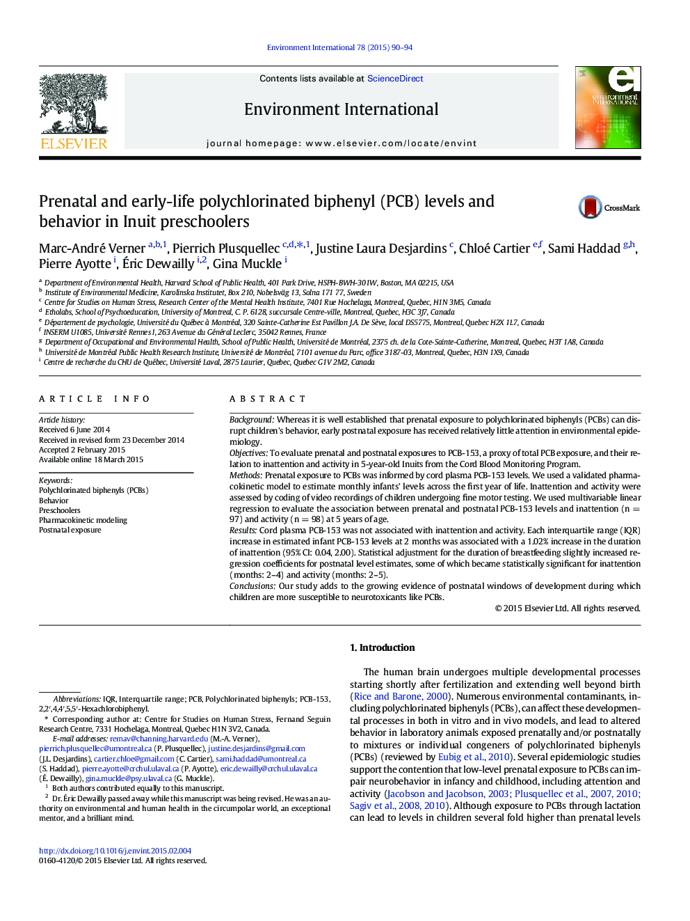 Prenatal and early-life polychlorinated biphenyl (PCB) levels and behavior in Inuit preschoolers